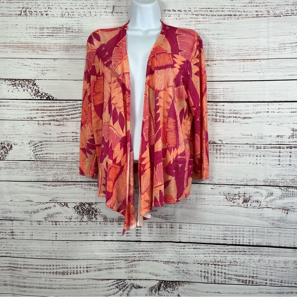 Chicos Orange Pink Floral 3/4 Sleeve Open Sweater
